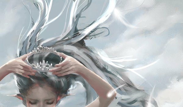 Anime picture 1024x602 with ghost blade yan (ghost blade) wlop single long hair wide image sky white hair eyes closed multicolored hair wind pointy ears grey hair two-tone hair elf girl feather (feathers) crown hands