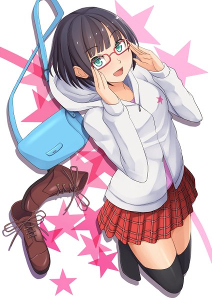 Anime picture 1753x2480 with original pinkwaters tall image looking at viewer highres short hair open mouth black hair simple background green eyes barefoot zettai ryouiki girl thighhighs skirt black thighhighs miniskirt glasses boots star (symbol)