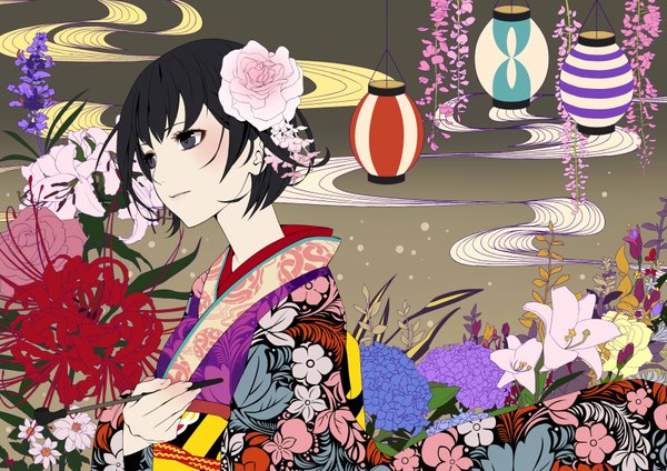 Anime picture 3507x2480 with mushishi karibusa tanyuu blackmoon (ypps6166) single highres short hair black hair looking away absurdres traditional clothes japanese clothes hair flower grey eyes floral print girl hair ornament flower (flowers) rose (roses) lantern yukata