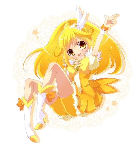 Anime picture 1127x1206 with precure toei animation kise yayoi cure peace nono (noxno) single long hair tall image blush open mouth blonde hair yellow eyes ponytail arms up legs girl dress boots bowtie