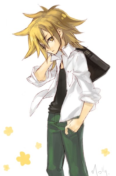 Anime picture 1575x2372 with shaman king xebec asakura hana molly (artist) single tall image simple background blonde hair white background yellow eyes open clothes open shirt hand in pocket spiked hair boy shirt bag