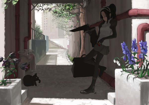 Anime picture 4093x2894 with original tagme (artist) single long hair highres black hair standing looking away absurdres ponytail black eyes sunlight standing on one leg against wall alley girl skirt gloves hair ornament flower (flowers)