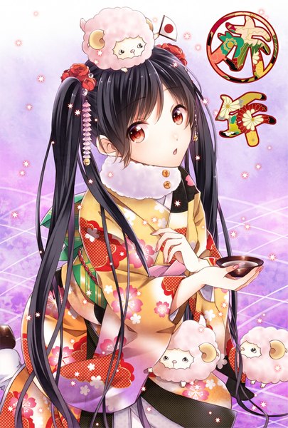 Anime picture 730x1080 with original aoi ari single long hair tall image looking at viewer black hair red eyes twintails traditional clothes japanese clothes girl hair ornament petals kimono kanzashi fur-trimmed kimono