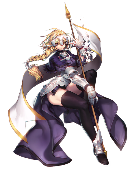 Anime picture 600x800 with fate (series) fate/apocrypha type-moon jeanne d'arc (fate) (all) jeanne d'arc (fate) matsuki ringo single long hair tall image fringe breasts blue eyes blonde hair simple background ahoge braid (braids) single braid broken armor girl thighhighs