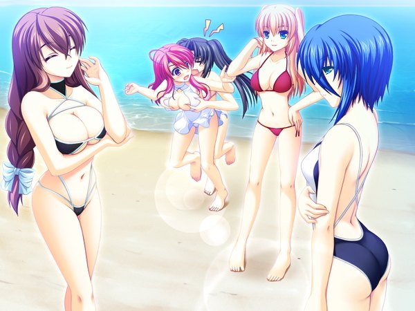 Anime picture 1600x1200 with fake azure arcology orikura rio rain t miraa amami akira asami asami long hair short hair blue eyes light erotic black hair blonde hair brown hair purple eyes multiple girls blue hair game cg red hair breast grab girl swimsuit