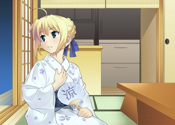 Anime picture 3624x2591 with fate (series) fate/stay night studio deen type-moon artoria pendragon (all) saber highres blonde hair green eyes absurdres ahoge japanese clothes kimono table fan sliding doors shouji fusuma