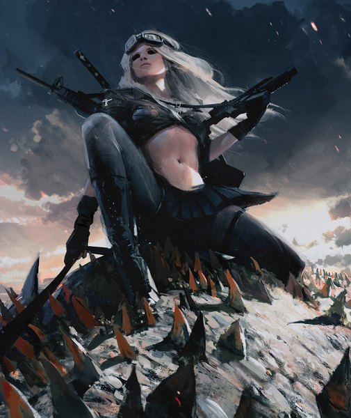 Anime picture 1100x1307 with sucker punch tiger1313 single long hair tall image sky cloud (clouds) white hair black eyes midriff girl gloves navel pantyhose sword fingerless gloves gun goggles dragon