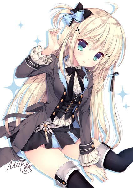 Anime picture 708x1000 with original mitha single long hair tall image looking at viewer blush fringe breasts blue eyes simple background blonde hair hair between eyes white background sitting signed ahoge very long hair head tilt pleated skirt