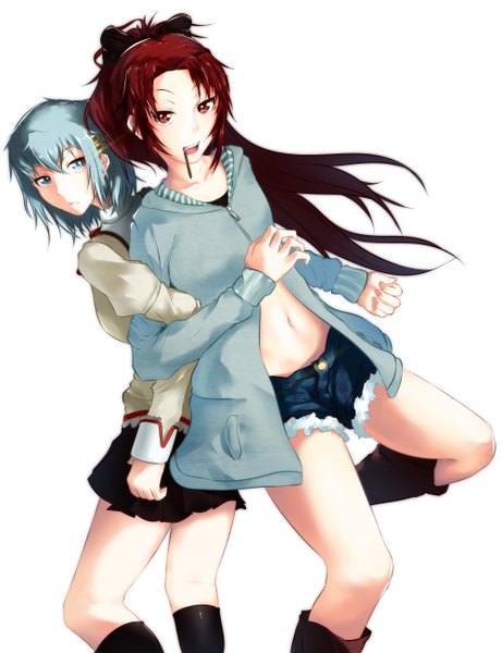 Anime picture 2000x2600 with mahou shoujo madoka magica shaft (studio) sakura kyouko miki sayaka bbayu long hair tall image looking at viewer highres short hair blue eyes simple background red eyes white background multiple girls blue hair ponytail red hair legs back to back