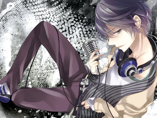 Anime picture 1317x987 with nico nico singer soraru macco (artist) short hair purple hair perspective boy belt headphones pants microphone wire (wires)