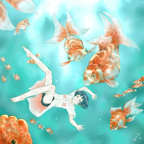 Anime picture 1320x1320 with original kaichi aihara single short hair black hair barefoot light smile black eyes underwater girl animal water shorts fish (fishes) goldfish