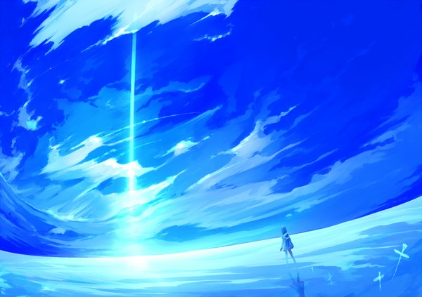 Anime picture 1600x1130 with mahou shoujo madoka magica shaft (studio) akemi homura craft ghost single long hair sky cloud (clouds) from behind landscape scenic girl