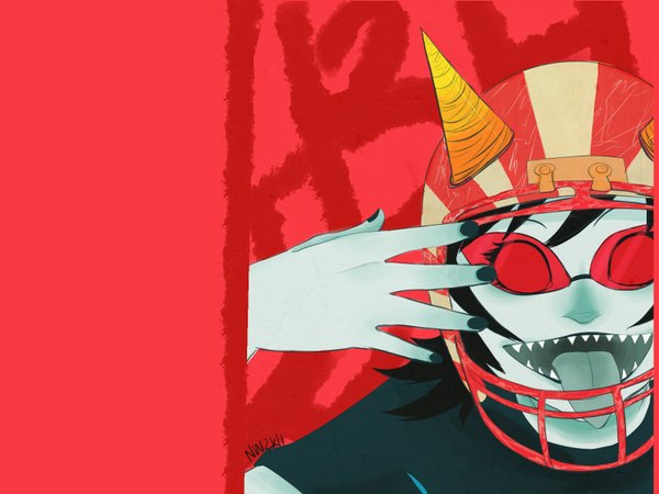 Anime picture 1600x1200 with homestuck terezi pyrope narwhalmunchies single open mouth black hair smile red eyes signed horn (horns) teeth red background sharp teeth demon girl glasses tongue helmet