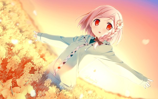 Anime picture 1680x1050 with your diary yua (your diary) 21emmz12 (artist) single blush short hair red eyes wide image pink hair sky hair flower embarrassed single braid spread arms sunrise girl hair ornament flower (flowers) petals