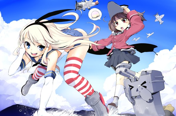 Anime picture 1922x1277 with kantai collection shimakaze destroyer rensouhou-chan ryuujou light aircraft carrier ryuujou (kantai collection) momo (higanbana and girl) long hair blush highres short hair open mouth blue eyes light erotic black hair red eyes multiple girls cloud (clouds) white hair girl thighhighs