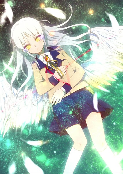 Anime picture 827x1168 with angel beats! key (studio) tachibana kanade kippu single long hair tall image fringe yellow eyes looking away white hair angel wings girl uniform school uniform wings socks white socks feather (feathers)