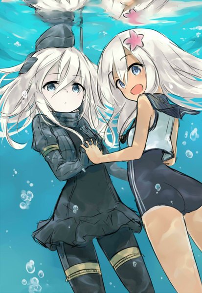 Anime picture 1000x1453 with kantai collection ro-500 submarine u-511 submarine azuuru tall image looking at viewer open mouth blue eyes light erotic smile multiple girls silver hair :d hair flower bare legs puffy sleeves dark skin holding hands reflection pale skin