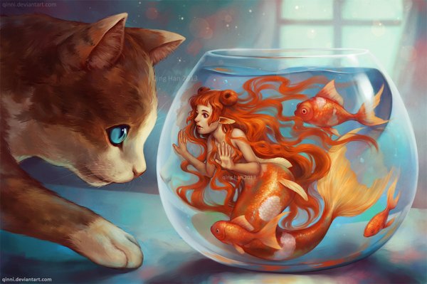 Anime picture 1400x933 with original qinni (artist) long hair blue eyes bare shoulders signed orange hair hair bun (hair buns) orange eyes topless underwater girl animal water cat fish (fishes) mermaid goldfish aquarium