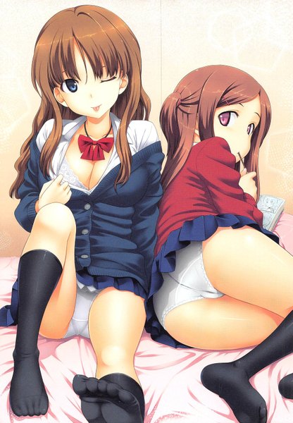 Anime picture 1109x1600 with takayaki long hair tall image looking at viewer blush blue eyes light erotic brown hair purple eyes multiple girls ass one eye closed looking back wink open clothes open shirt cameltoe :p scan artifacts screening