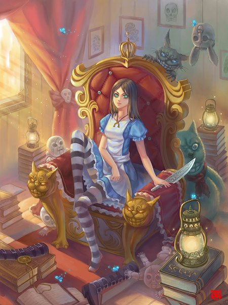 Anime picture 768x1024 with american mcgee's alice (game) alice: madness returns cheshire cat alice (american mcgee's) redname long hair tall image looking at viewer sitting green eyes grey hair sunlight puffy sleeves grin girl dress animal pantyhose boots frills