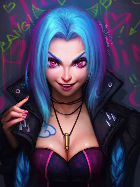 Anime picture 1536x2048 with league of legends jinx (league of legends) ayyasap single long hair tall image looking at viewer smile blue hair pink eyes lips realistic tattoo girl jacket cartridge