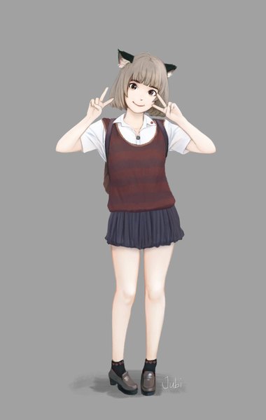 Anime picture 1299x2048 with original hana (jubi) jubi (regiana) single tall image looking at viewer fringe short hair simple background smile brown hair standing brown eyes signed animal ears full body blunt bangs pleated skirt cat ears grey background