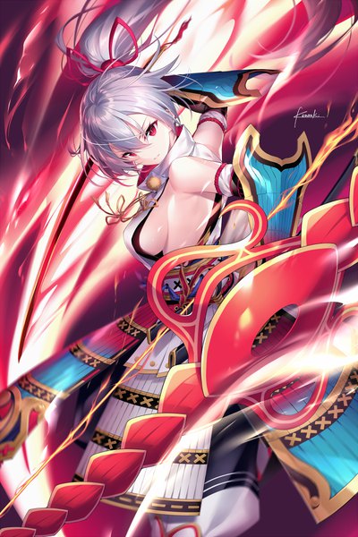 Anime picture 700x1049 with fate (series) fate/grand order tomoe gozen (fate) kousaki rui single long hair tall image looking at viewer fringe breasts light erotic hair between eyes red eyes large breasts bare shoulders holding signed silver hair ponytail traditional clothes