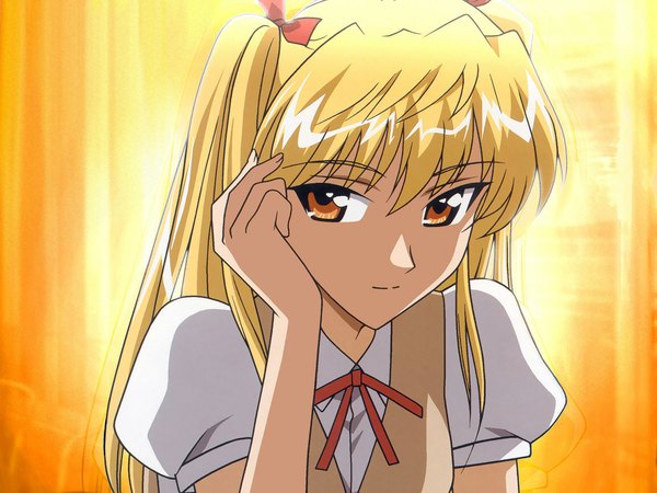 Anime picture 1152x864 with school rumble sawachika eri blonde hair smile twintails orange eyes ribbon (ribbons)