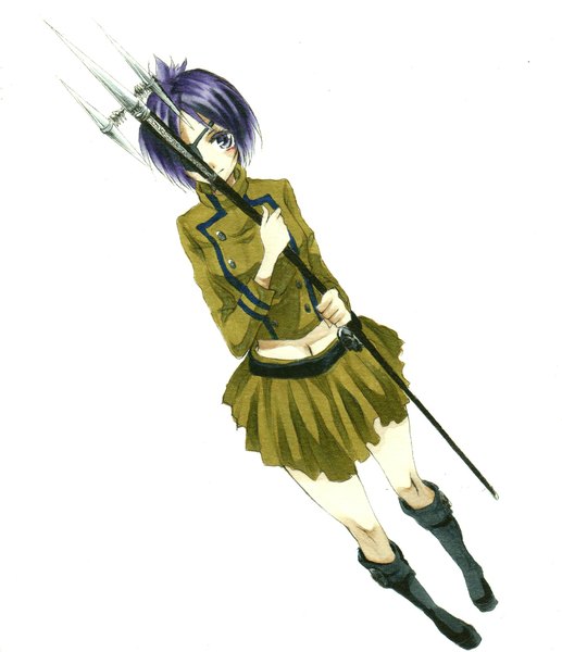 Anime picture 1690x1959 with katekyou hitman reborn chrome dokuro akkyomm single tall image short hair simple background standing white background purple eyes purple hair girl skirt navel uniform weapon boots eyepatch buttons staff