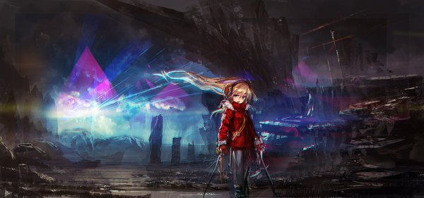 Anime picture 1400x656 with lm7 (op-center) long hair open mouth blonde hair wide image holding aqua eyes wind light dual wielding rock girl weapon winter clothes