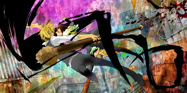 Anime picture 2000x1000 with durarara!! brains base (studio) orihara izaya heiwajima shizuo highres short hair blonde hair red eyes brown hair wide image profile light smile multiple boys couple grin city cityscape face to face jumping battle