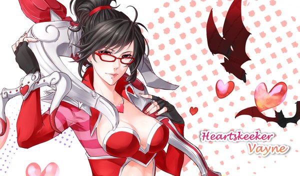 Anime picture 3036x1784 with league of legends vayne (league of legends) shishi (xx) single looking at viewer highres short hair black hair wide image black eyes valentine girl gloves ribbon (ribbons) weapon hair ribbon animal glasses heart bat