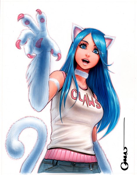 Anime picture 786x1000 with original omar-dogan single long hair tall image open mouth blue eyes bare shoulders animal ears blue hair tail animal tail cat ears inscription teeth cat girl cat tail girl claws
