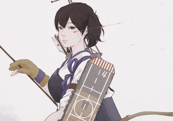 Anime picture 1500x1050 with kantai collection kaga aircraft carrier tae (artist) single long hair looking at viewer black hair simple background ponytail traditional clothes black eyes grey background side ponytail girl weapon armor single glove bow (weapon) arrow (arrows) breastplate
