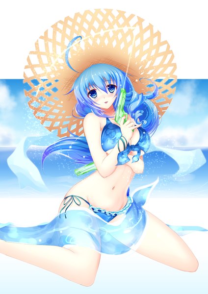 Anime picture 1447x2046 with cu-no kohitsuji ai hisenkaede single long hair tall image blue eyes blue hair ahoge girl swimsuit hat bikini water straw hat water gun