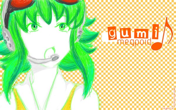 Anime picture 1280x800 with vocaloid gumi single short hair open mouth wide image green eyes green hair wallpaper sketch girl headphones goggles musical note hagachi