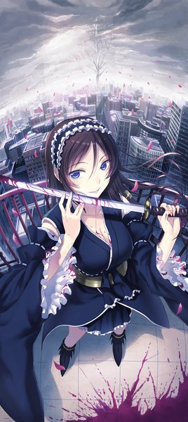 Anime picture 565x1264 with original kichiroku single long hair tall image looking at viewer fringe breasts blue eyes black hair large breasts standing holding looking away sky cleavage cloud (clouds) outdoors long sleeves traditional clothes
