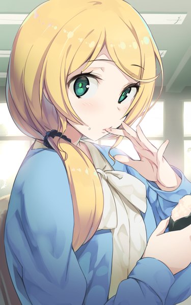 Anime picture 735x1176 with new horizon ellen baker tam-u single long hair tall image looking at viewer blush blonde hair holding green eyes upper body indoors long sleeves open clothes mouth hold low ponytail licking front-tie top food on face