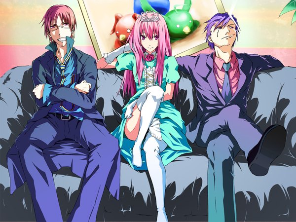 Anime picture 1600x1200 with albatrosicks miko+resurrection quim underconstruction dr.arm nanda rone long hair short hair red eyes sitting pink hair purple hair red hair pink eyes spread legs group girl thighhighs dress boy gloves