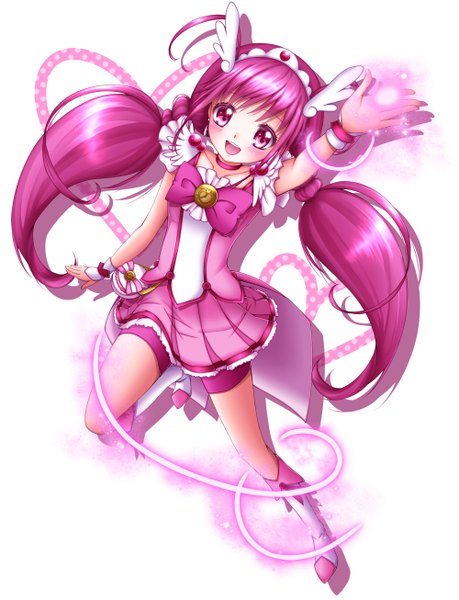 Anime picture 1000x1305 with precure smile precure! toei animation hoshizora miyuki cure happy shitou single long hair tall image blush simple background twintails pink hair pink eyes girl dress boots bowtie tiara