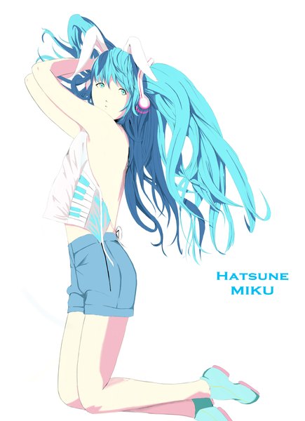 Anime picture 1500x2067 with vocaloid hatsune miku ale (rchangel) single long hair tall image fringe simple background white background animal ears aqua eyes aqua hair arms up bare legs bunny ears alternate costume legs character names bare back girl