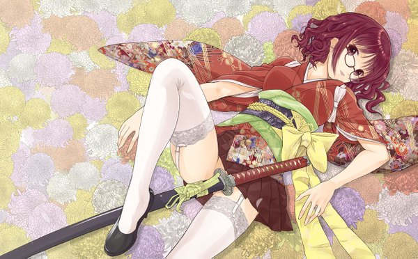 Anime picture 1235x767 with original kazu single looking at viewer short hair light erotic red eyes wide image red hair japanese clothes girl thighhighs weapon white thighhighs sword glasses kimono katana obi