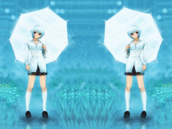 Anime picture 1600x1200 with neon genesis evangelion gainax ayanami rei kobayashi yuji full body umbrella
