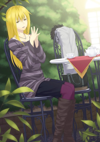 Anime picture 1000x1414 with original juu ho single long hair tall image blonde hair sitting yellow eyes girl boots leaf (leaves) chair cup