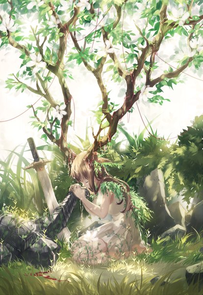 Anime picture 672x973 with original domik long hair tall image simple background brown hair white background bare shoulders bent knee (knees) eyes closed profile horn (horns) sunlight bare legs leaning leaning forward holding hands hands clasped knight death