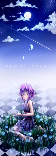 Anime picture 1163x3228 with guilty crown production i.g yuzuriha inori sorges single tall image short hair red eyes twintails pink hair cloud (clouds) multicolored hair night night sky text checkered floor shooting star girl dress flower (flowers)
