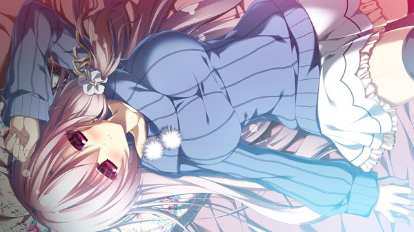 Anime picture 1280x720 with 12 no tsuki no eve shiina mizuka single long hair looking at viewer blush red eyes wide image game cg silver hair girl thighhighs skirt black thighhighs sweater