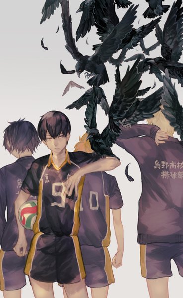 Anime picture 1600x2600 with haikyuu!! production i.g kageyama tobio hinata shouyou tsukishima kei lal!role lalil-le tall image short hair black hair blonde hair simple background looking away from behind black eyes grey background multiple boys arm behind head group bird on hand