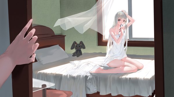 Anime picture 5333x3000 with yosuga no sora kasugano sora kamachi kamachi-ko long hair looking at viewer fringe highres light erotic wide image sitting holding absurdres silver hair barefoot wind pantyshot heterochromia mouth hold adjusting hair wariza