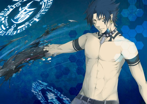 Anime picture 1200x849 with dramatical murder nitro+chiral ren (dmmd) single short hair black hair bare shoulders yellow eyes pointy ears tattoo magic hieroglyph boy navel earrings collar